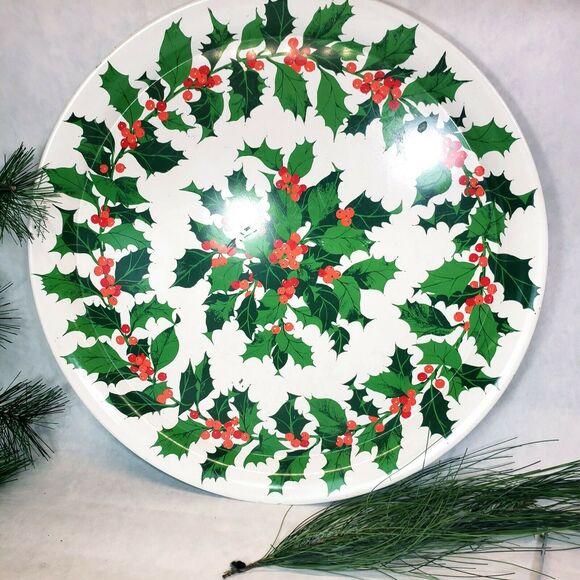 Vintage Metal Serving Tray Plate Christmas Holiday Hallmark Holly Berries 14” - Picture 1 of 6